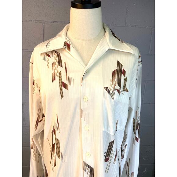Vintage 70s Mr. Jan Polyester Disco Shirt Dagger Collar Abstract Earth Tones Med - Picture 3 of 10